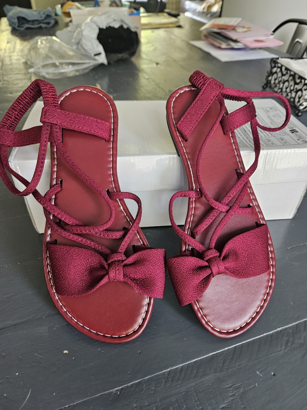 Women’s Lace-Up Bow Flat Sandals - Wine